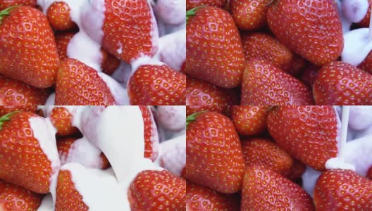 成熟红草莓与酸奶混合的慢动作视频高清在线视频素材下载