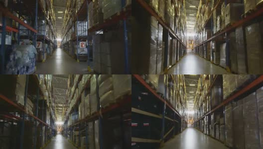 相机在物流仓库货架上飞行高清在线视频素材下载