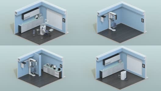 牙科诊所内部的等距视图。牙科椅治疗中心改造为实验室，配备3D x射线扫描仪、CADCAM系统高清在线视频素材下载