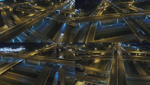 夜间城市街道交通的录像。高速公路交通鸟瞰图和俯视图，4K。高清在线视频素材下载