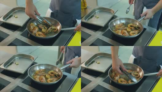 厨师在平底锅上煎皇家虾并加入葵花籽油高清在线视频素材下载