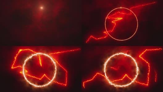 动画发光的橙色闪电和燃烧的圆圈在黑暗的屏幕上高清在线视频素材下载