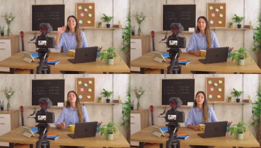 女教师在讲授德语课时，及时用摄像机和三脚架拍摄病毒高清在线视频素材下载