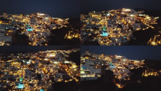 夜间飞越希腊圣托里尼岛伊亚镇高清在线视频素材下载