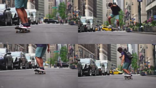 活跃的年轻滑板手在纽约大街上玩滑板。高清在线视频素材下载