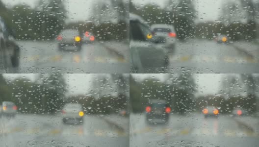 雨水打在路上过往的汽车上高清在线视频素材下载