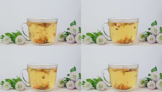 玻璃杯里的花草茶，白色背景上有野花高清在线视频素材下载