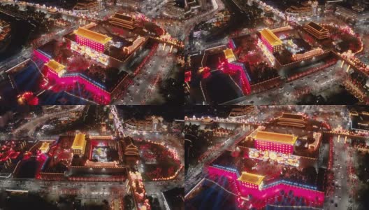 鸟瞰图古城墙南门庆祝中国春节，西安，陕西，中国高清在线视频素材下载