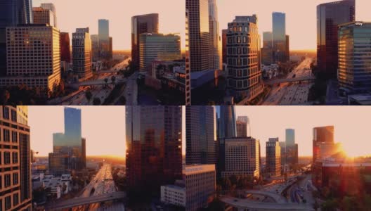 4K无人机日落时洛杉矶市中心的视频，作为稳固的镜头高清在线视频素材下载