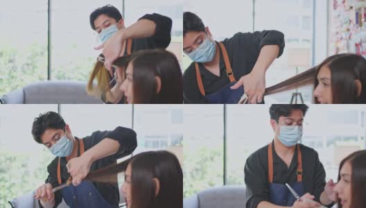亚洲专业男性发型师在美容院或理发店为女性剪发。大流行期间，发型师佩戴口罩以预防冠状病毒感染。高清在线视频素材下载