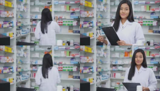 药剂师在医院药房工作、验药。亚洲医生正在检查药片上的药物数据，穿着医疗外套。有药店药学背景的货架。高清在线视频素材下载