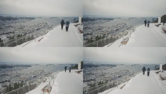 冬天在户外的人们:卑尔根(Bergen)的弗洛因山(Floyen hill)的人们高清在线视频素材下载