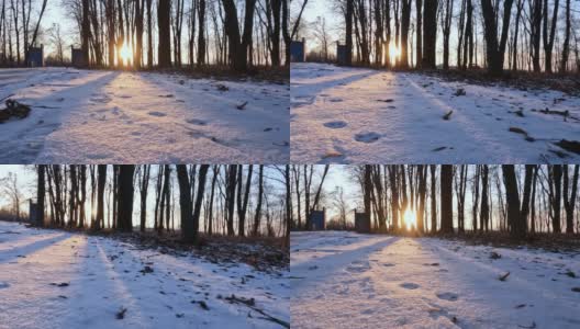 阳光照在公园的雪地上。有霜的夜晚，阳光灿烂高清在线视频素材下载