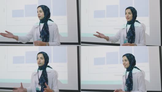 穆斯林妇女带着头巾在研讨会上作报告高清在线视频素材下载