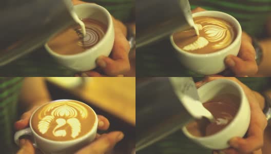 HD:拿铁艺术，咖啡师倒牛奶。高清在线视频素材下载