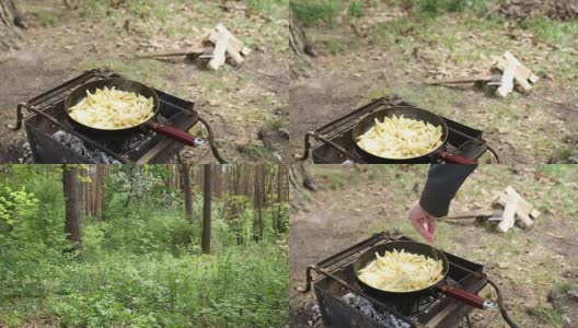 女人撒上盐炸土豆。森林野餐。高清在线视频素材下载