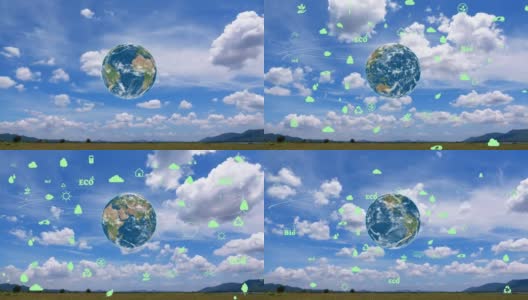 云天时间推移背景上的地球环境生态标志全息图。高清在线视频素材下载