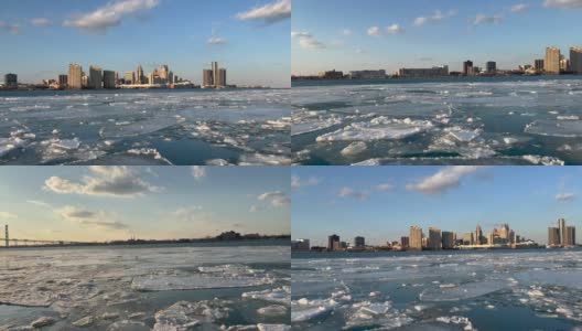 底特律，密歇根州-全景冬季天际线在黄昏高清在线视频素材下载