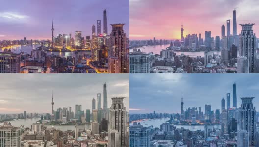 现代城市景观，上海的天际线从夜晚到白天，时光流逝。高清在线视频素材下载