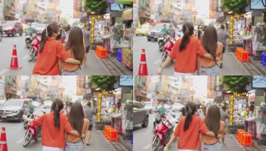 4K亚洲女性朋友在唐人街夜市聚会高清在线视频素材下载