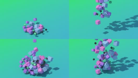 一群粉、紫、蓝、绿、黑的立方体飞起来。抽象动画，3d渲染。高清在线视频素材下载