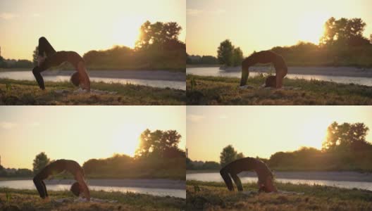 日落时分在河边做瑜伽的女人高清在线视频素材下载