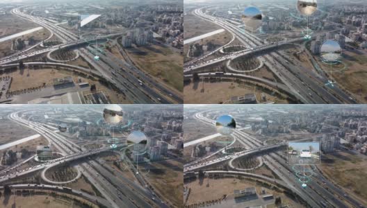 鸟瞰图:自动驾驶汽车穿过城市，超车。动画扫描可视化概念:人工智能数字化和分析前方道路高清在线视频素材下载