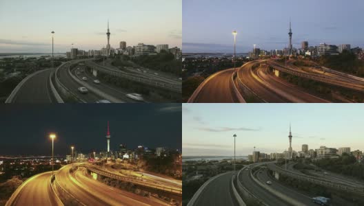 奥克兰天空塔白天到晚上的时间推移高清视频。新西兰高清在线视频素材下载