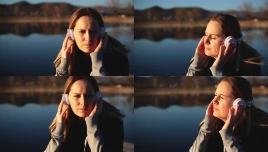 戴着耳机的女人在湖边码头上听音乐高清在线视频素材下载