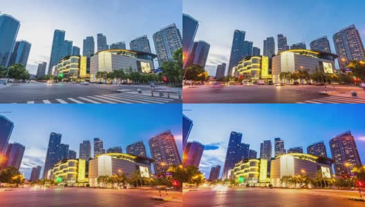 从繁忙的道路上看日落时杭州的现代建筑高清在线视频素材下载