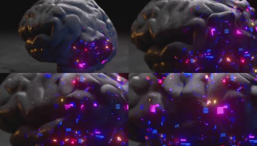 未来的概念。玻璃大脑从一个哑光的黑色外壳中浮现出来。蓝粉色霓虹灯。三维动画高清在线视频素材下载
