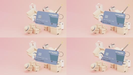 概念网上购物购物与购物袋，纸箱，盒子，相机，吉他，gadget，家具，网上购物设计的模板模拟蓝色银行信用卡在粉红色的背景3d渲染高清在线视频素材下载
