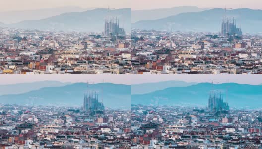 HD时间推移:Becelona Espana城市景观与家族圣格拉达黄昏西班牙高清在线视频素材下载
