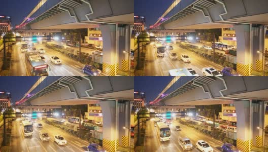 夜间高架桥下道路上拥挤的交通高清在线视频素材下载