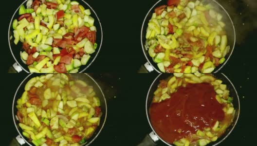 在锅中烹饪五颜六色的食物高清在线视频素材下载