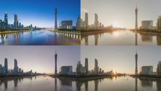 黎明时分，广州河边的天际线和现代化的办公大楼，时光流逝。高清在线视频素材下载