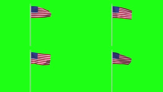4k动画在美国绿彩之风中发展。美国的独立日。在风中挥舞的卡通美国国旗。风中飘扬的面料结构的美国国旗，带有alpha通道(半透明)。高清在线视频素材下载