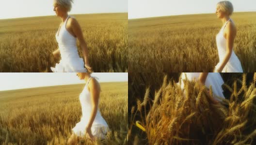 高清慢镜头:快乐的女人在田野里奔跑高清在线视频素材下载