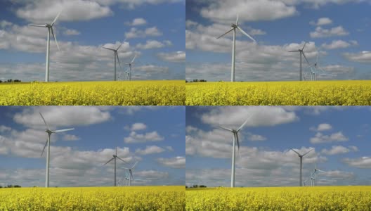 春天油菜田上的风电场高清在线视频素材下载