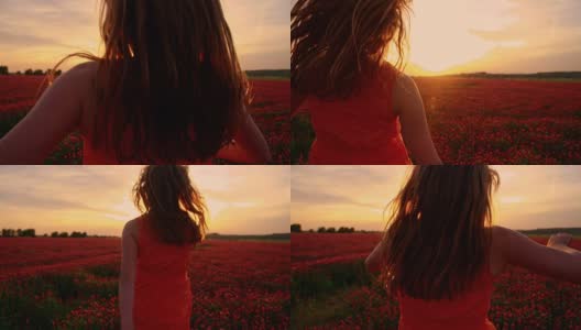 SLO MO快乐的女孩在夕阳花丛中奔跑高清在线视频素材下载