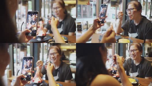 亚洲女子吃冰霜甜点，微笑着拍照。高清在线视频素材下载