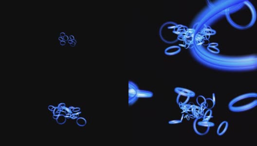蓝色的霓虹灯圈，四处闪烁着移动的光束。黑色背景上的抽象动画。高清在线视频素材下载
