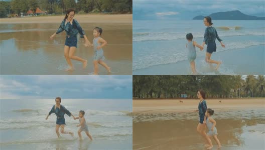 亚洲年轻母亲和她的小女儿在海滩上跑步高清在线视频素材下载