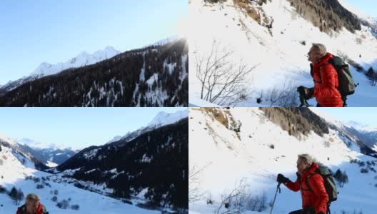 成熟的夫妇在瑞士阿尔卑斯小镇的乡村滑雪高清在线视频素材下载