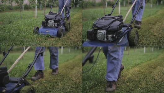 在果园里用割草机割草的老人高清在线视频素材下载