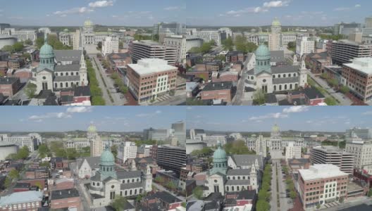 鸟瞰图通向州议会大厦和圣帕特里克大教堂在哈里斯堡，宾夕法尼亚州。无人机拍摄的航拍视频。高清在线视频素材下载