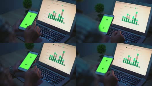 女性使用智能手机和笔记本电脑绿色屏幕高清在线视频素材下载