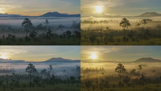 4K时间流逝(多莉拍摄)，日出和山上的雾与戏剧性的天空。高清在线视频素材下载