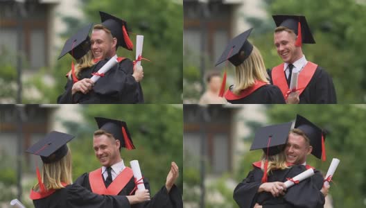 毕业典礼后大学同学们拥抱的温馨情感高清在线视频素材下载