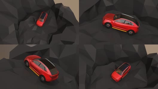 金属红色自动电动SUV驾驶在几何硬地面高清在线视频素材下载